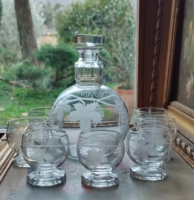 Ancien Service Liqueur 1 Carafe 7 Verres Cristal Gravé Raisins Feuilles De Vigne