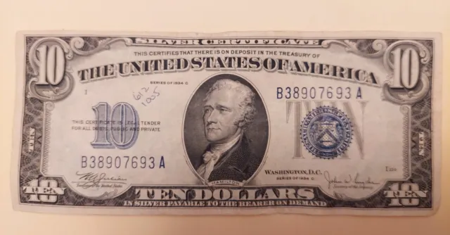 1934-C Ten Dollar Silver Certificate Blue Seal Note $10 Bill US Currency
