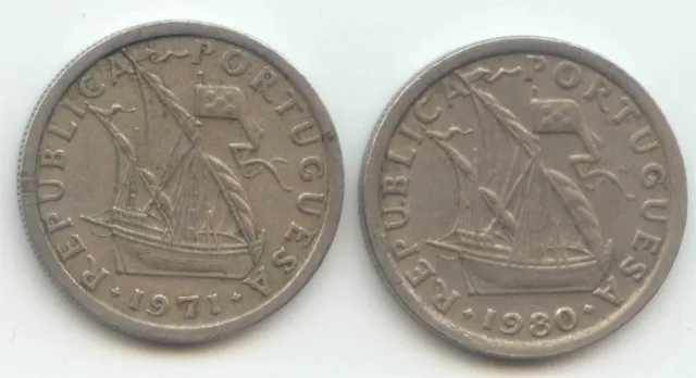 PORTUGAL 1971 1980 2,50 - 2 1/5 - 2$50 ESCUDOS Two Portuguese Ship Coins