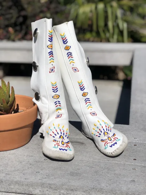 Vintage 1970s Taos White Leather Beaded Knee High Moccasin Boots
