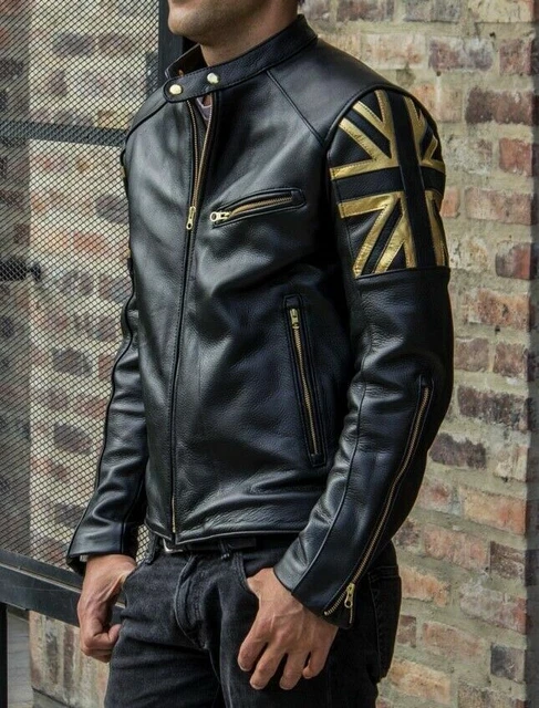 Giacca in pelle da uomo biker vintage moto nera cafe racer bandiera britannica