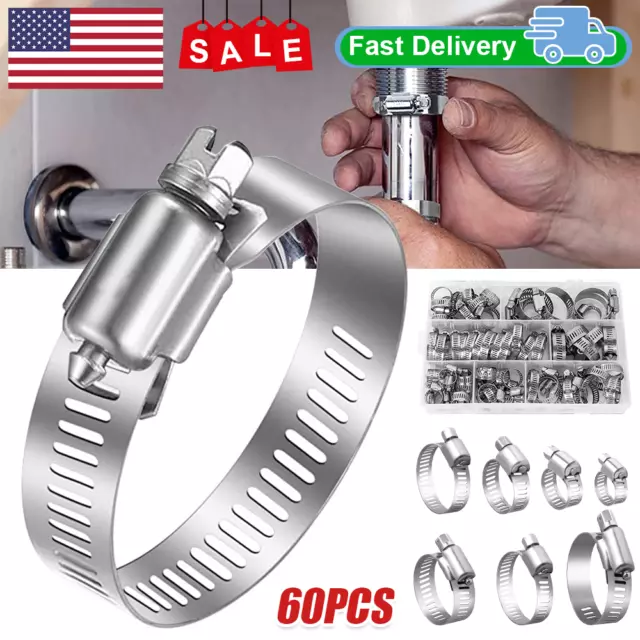 60PC Adjustable Hose Clamps Worm Gear Stainless Steel Clamp Assortment 7 Sizes