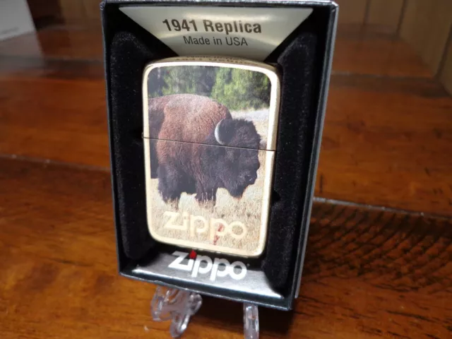 Bison Buffalo 1941 Replica Brush Brass Zippo Lighter Mint In Box