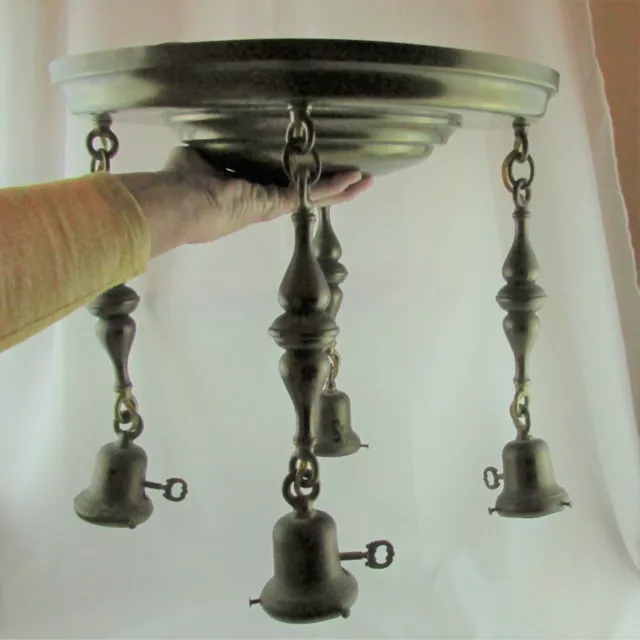 Vintage Large Pressed Brass Flush Mount Ceiling Fixture with 4 Pendant Lights