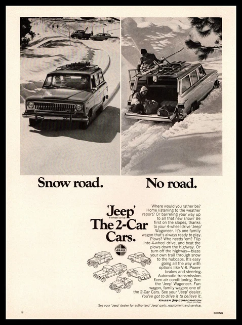 1969 Jeep Wagoneer Four Wheel Drive Family Wagon "Snow Road. No Road." Print Ad