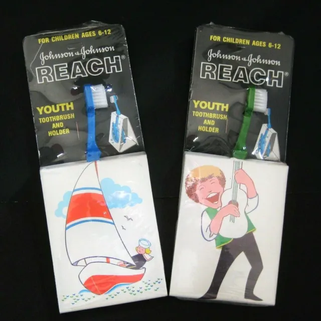 2 Reach Toothbrushes Youth with Folding Holder Vintage 1984 Rock Star Sailboat