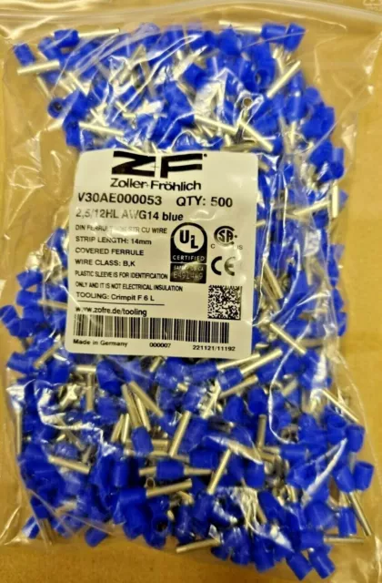 Wire End Sleeves Insulated Z&F 2.5mm2, 15mm/8mm Long Set of 10 to 1000