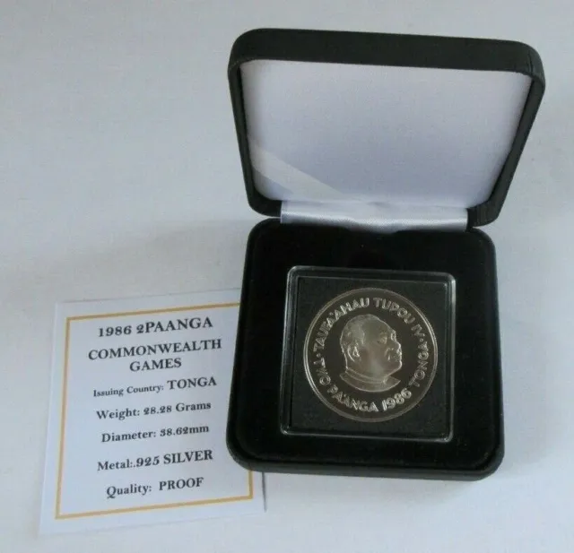 1986 Commonwealth Games Tonga Silver Proof 2 Paanga Coin Box & Coa 2