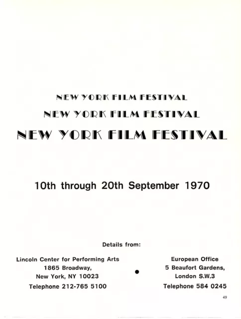 Framed Advert 11X8" New York Film Festival 1970