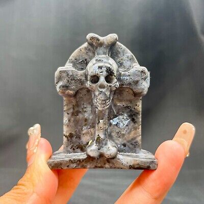 Natural Quartz Crystal Mineral Specimen.Larvikite.Hand-carved.Cross Skull.Gift.