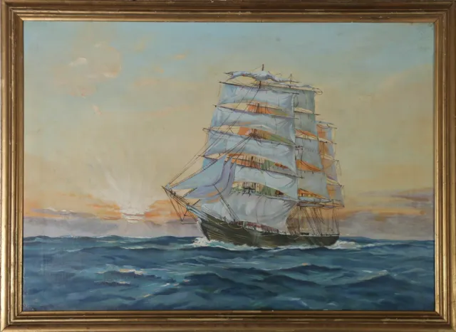 19th Century Oil - Frigate at Sunset