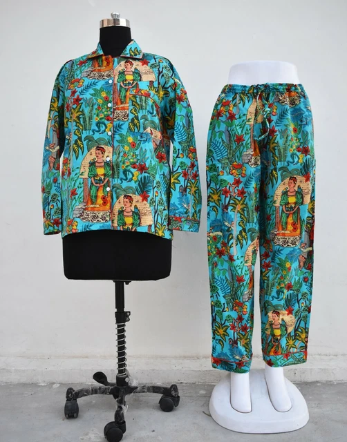 Taglia M Frida Kahlo Stampa Pj Set Cotone Indiano Turchese Donna Notte Abiti UK