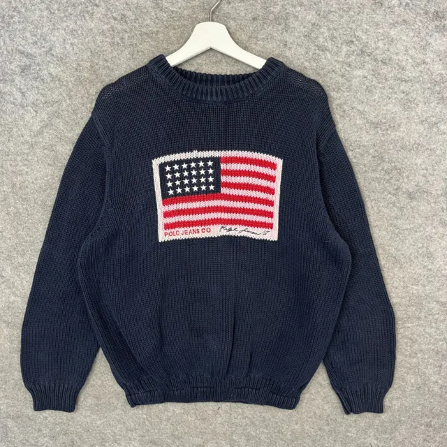 Vintage Ralph Lauren Jumper Mens Medium Blue USA Flag Polo Jeans Sweatshirt Knit