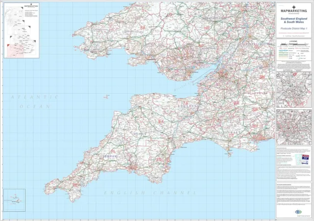 Large Postcode District Map 1 Southwest England & Wales Cardiff & Bristol Paper