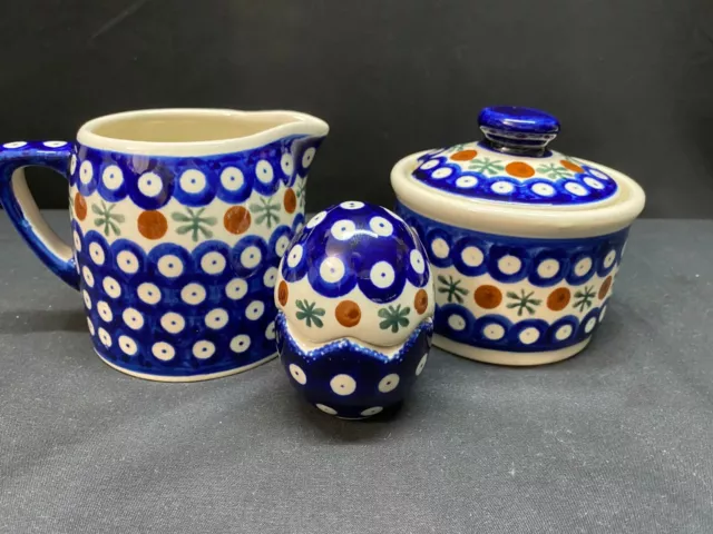 Boleslawiec Polish Pottery ~ Blue / White ~ Creamer & Sugar w/Lid /Salt & Pepper