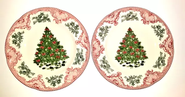 JOHNSON BROTHERS OLD BRITAIN CASTLES PINK CHRISTMAS green tree 2 Dinner Plates
