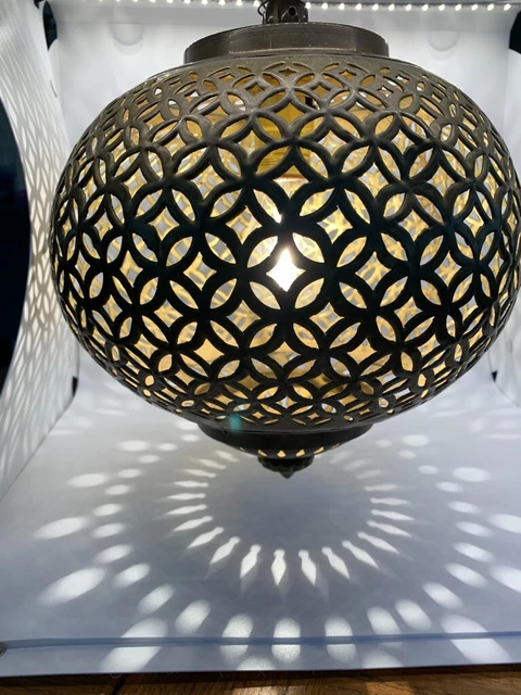 Vintage Asian Pierced Brass Hanging Electric Pendant Lantern, Swag Lamp