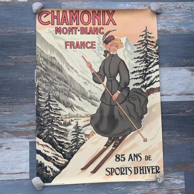 Vintage French Chamonix Mont-Blanc Ski Poster 36”x25” 85 Year Anniversary