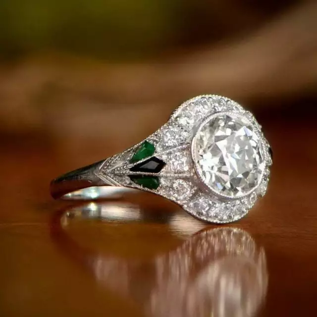 European Old Cut Diamond Engagement Wedding Green Emerald Womens 925 Silver Ring