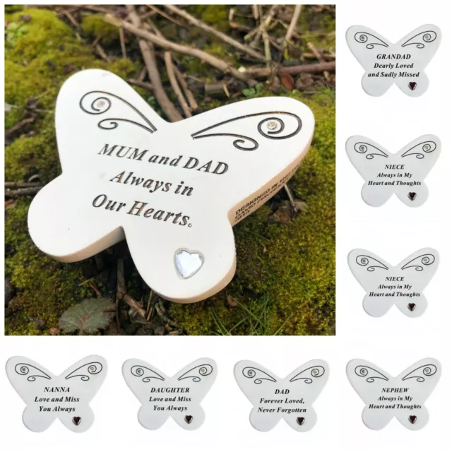 Small Diamante Butterfly Heart Memorial Plaque Graveside Tribute Remembrance