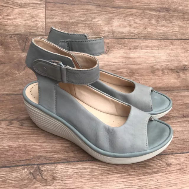 Size Uk 3 D Clarks Reedly Willow Grey Nubuck Leather Peep Toe Wedge Heel Shoes