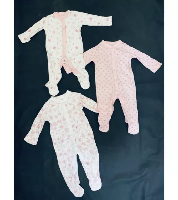 Baby Girls 3 Pack Long Sleeve Babygrows Sleepsuits Multi Pack - No Packaging