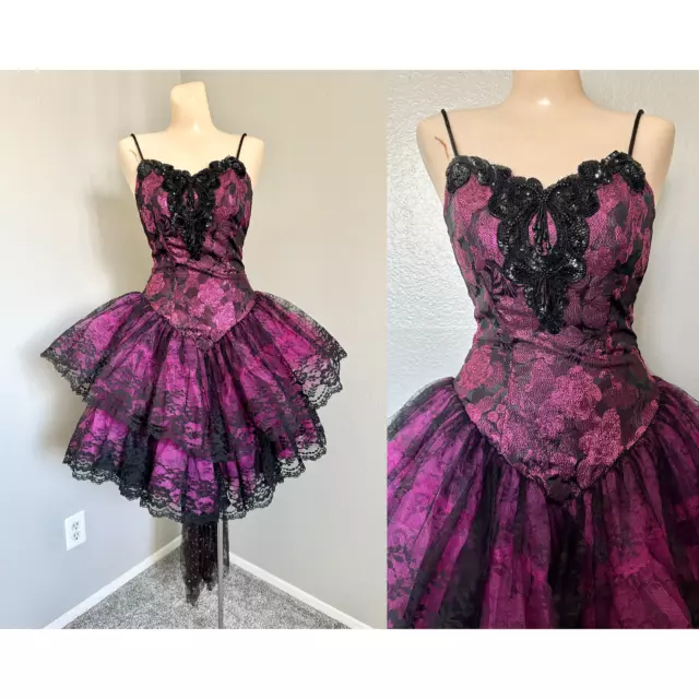 Vintage 80s Loralie Grunge Goth Beaded Bow Lace Barbie Punk Party Prom Dress