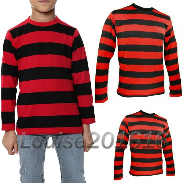 T-shirt bambini a righe rossa e nera a maniche intere casual girocollo 5-13