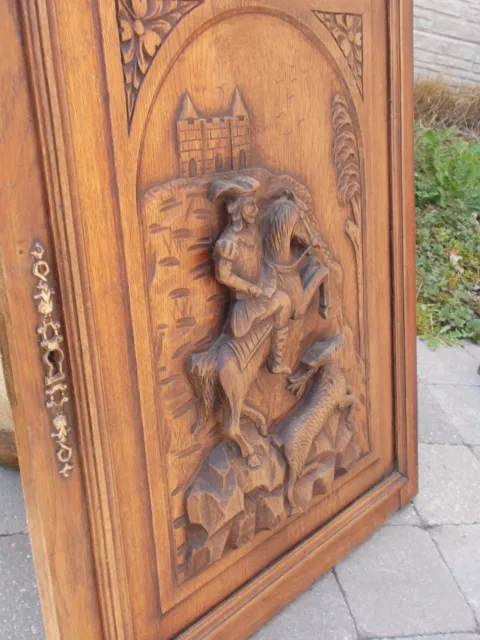 French Antique Hand Carved Large Wood Door Panel -  Horse Man Hunting Sculpture 4