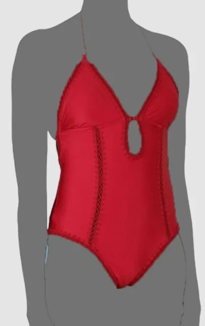 $295 Zimmermann Women's Red Lyre Keyhole Crochet One Piece Swimsuit Size 0