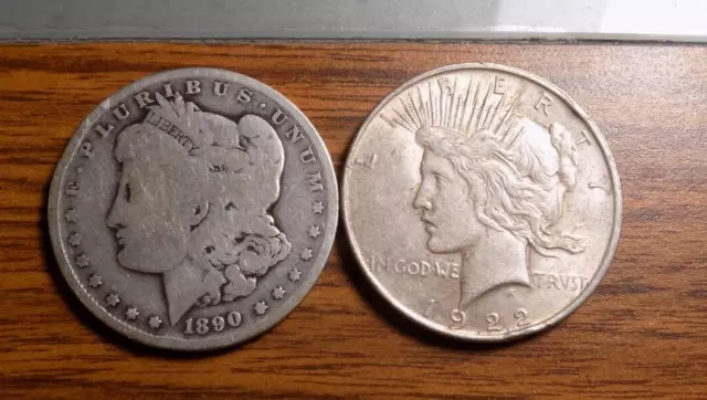 Morgan And Peace Dollar Lot 1890 O And 1922 90% Silver $2 Face