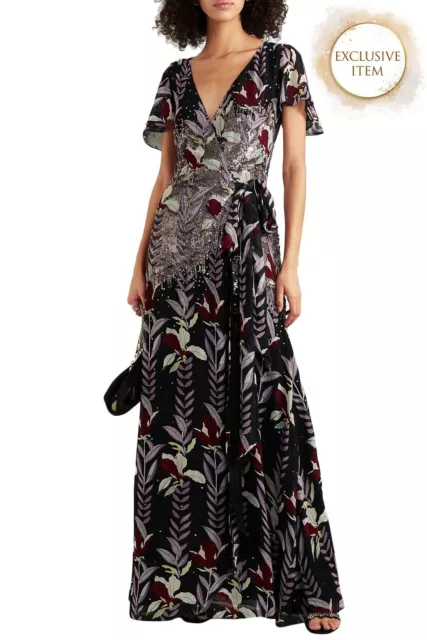 RRP€1020 TEMPERLEY LONDON Crepe Maxi Wrap Dress UK8 US4 S Floral Sequins Belted