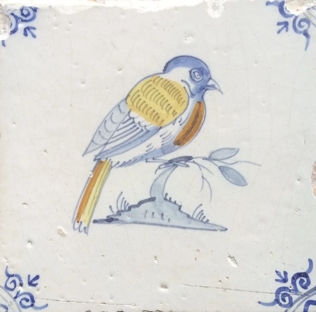 Antique Dutch Delft Tile Bird Circa 1600-1625 Polychrome