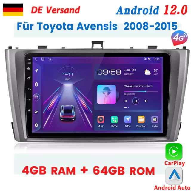 4+64GB Autoradio Carplay Android12 GPS NAVI BT DAB+ Für Toyota Avensis 2008-2015