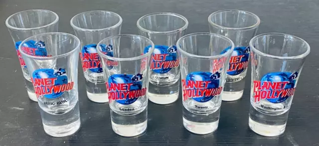 (8) Planet Hollywood Shot Glasses (3.5") Souvenir From Maui, Orlando, & Others