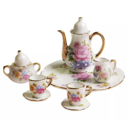 12th Dollhouse 8pcs Dining Ware PINK ROSE Porcelain Tea Set Dish Cup Plate
