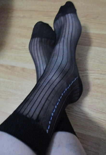 3 Pair (Size 10-13) Men Ultra-Thin Silky Sheer Dress Sock (Black & Light Blue)