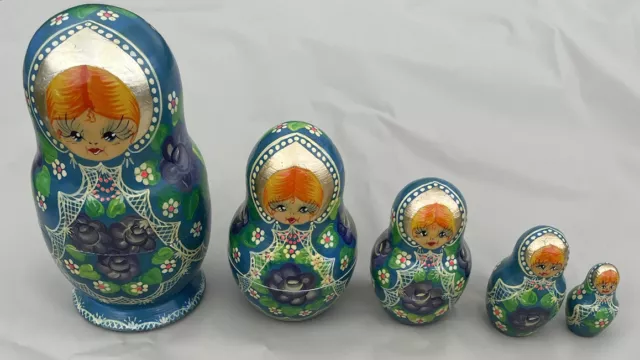 Vintage Russian Nesting Dolls Matryoshka Wooden Set of 5 HandPainted Signed