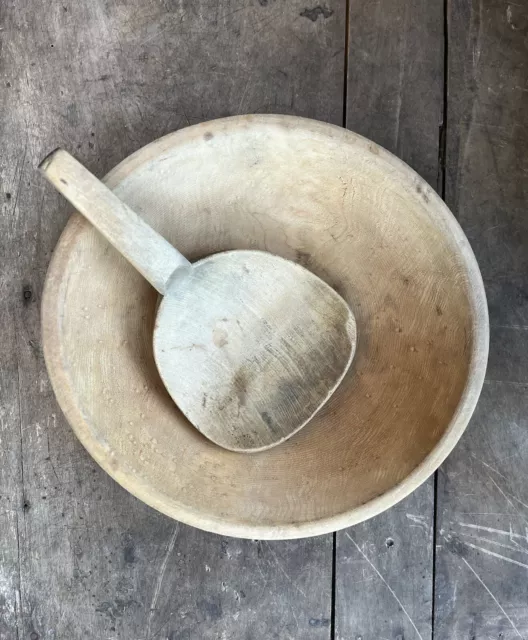 PRIMITIVE MUNISING WOOD MIXING  BOWL WITH SPOON VINTAGE 1930s-1950s DOUGH BOWL