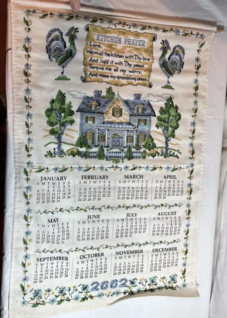 2002 Linen Cloth Wall Calendar Tea Towel Kitchen Prayer Roosters House