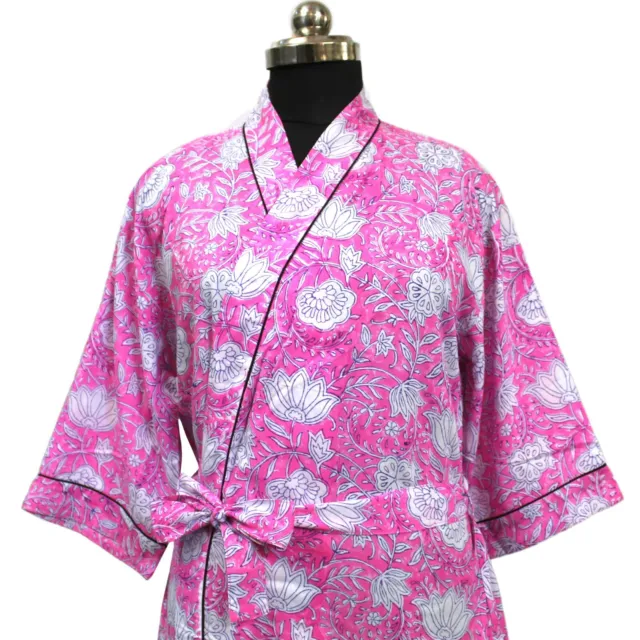 Hand Block Printed Cotton Long Kimono Robe, Floral Print Womens Beach Wear Dress