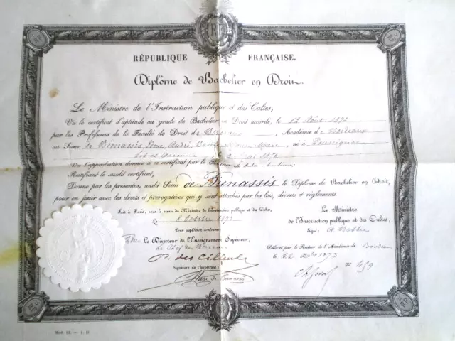 Diplome De Bachelier En Droit Marc De Bienassis 1873 Académie De Bordeaux