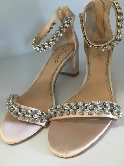 BADGLEY MISCHKA JEWEL Womens Beige Open Toe 2"  Heels Size 6.5 Rhinestones New