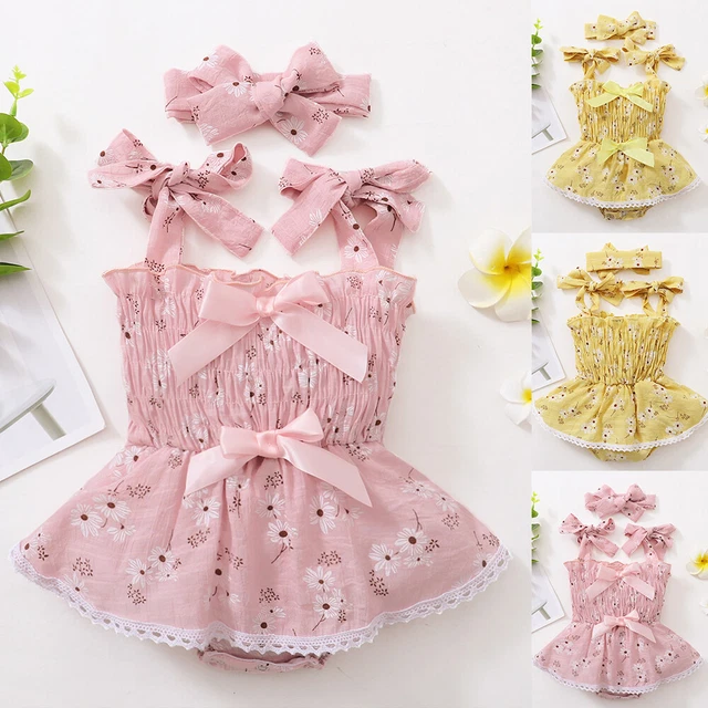 Baby Girls Strappy Floral Romper Dress Headband Set Summer Party Birthday Outfit