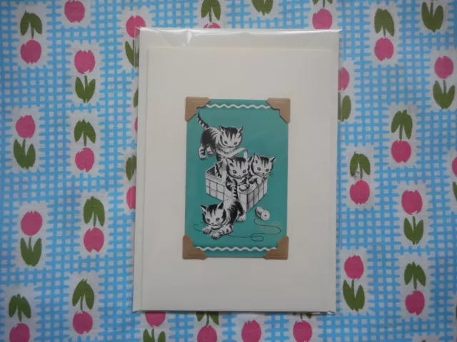 Handmade vintage/kitsch playing card blank greeting/birthday card - cats/kittens 2