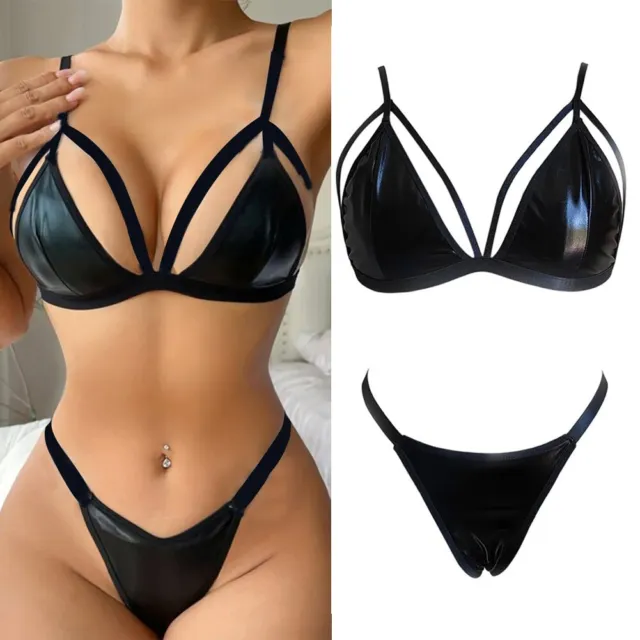 Incantevoli reggiseno donna wetlook esotico lingerie in pelle perizoma nero