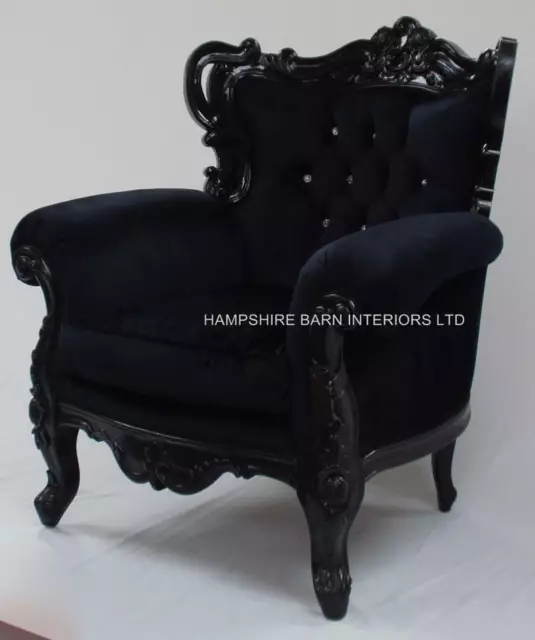 Large Black Rococo French Louis Style Huge Arm Chair Crystals Salon Shop Home