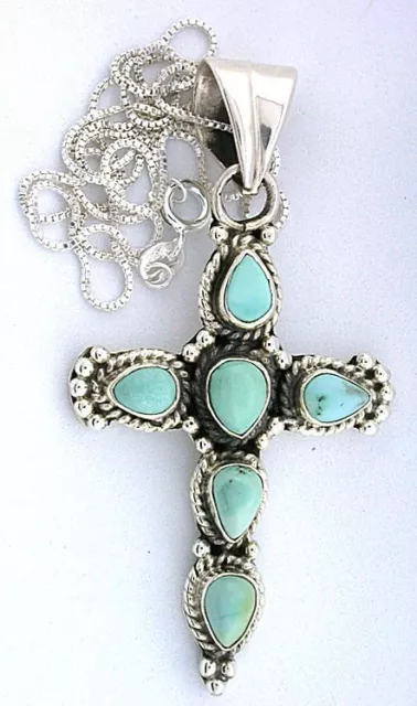 Turquoise Cabochon Cab Gemstone Gem Pure Sterling Silver Cross Pendant 18" Chain