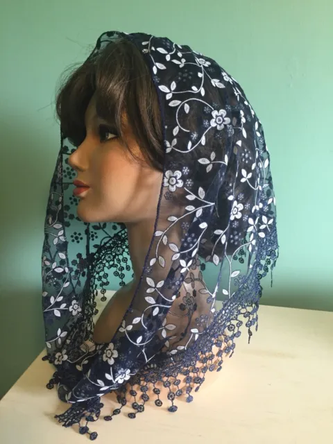 head covering, veil, mantilla  lace navy blue triangle with fringe