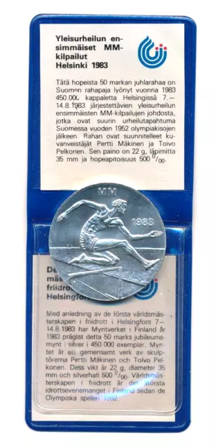Finland 1983 50 Markkaa Silver Coin Helsinki World Championships Original Cover